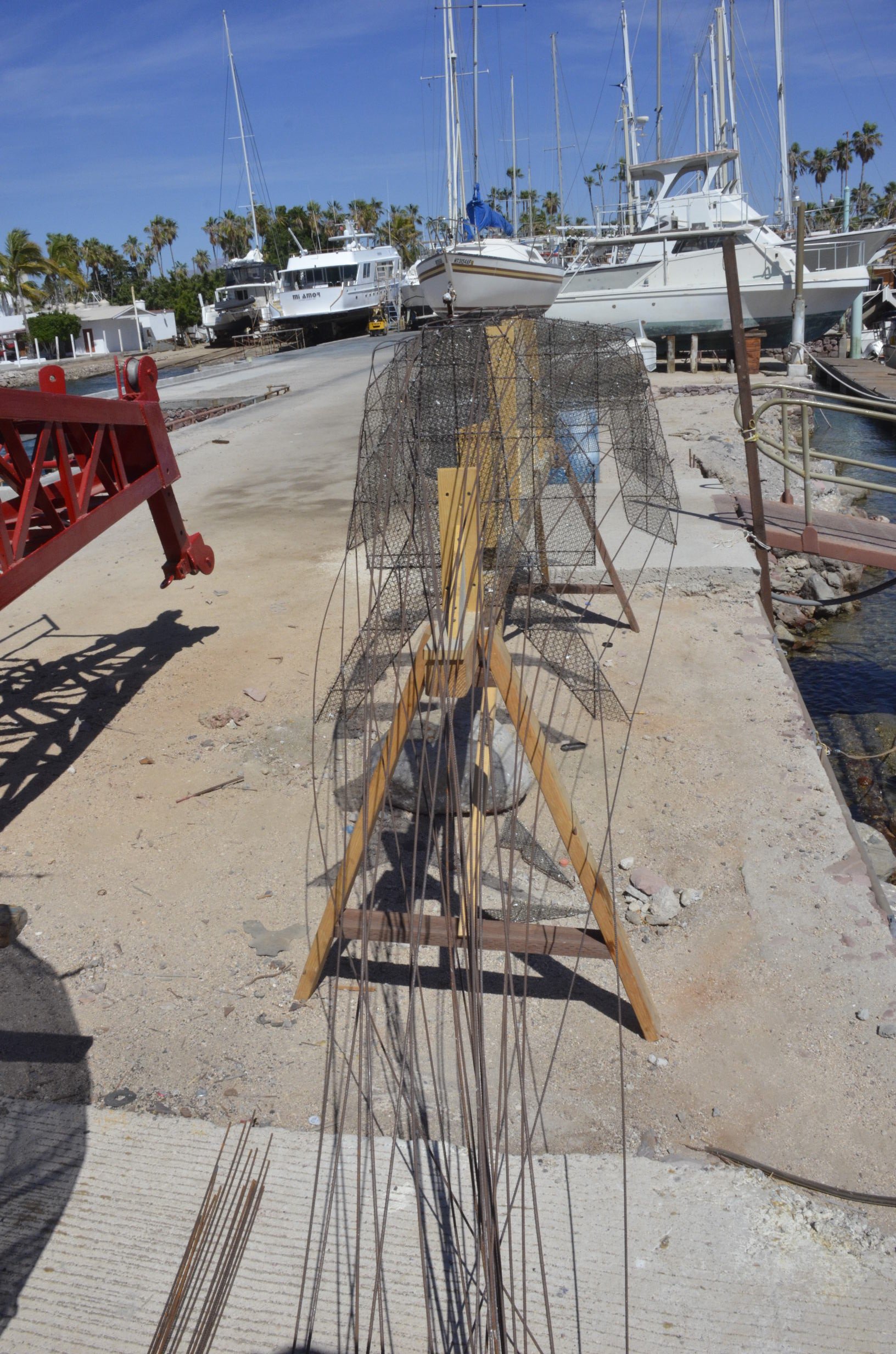 Front view of the dinghy.  The extra rebar coming off the front are to make into the bow though I may make separate armatures to give myself a very strong prow on this canoe-style dinghy